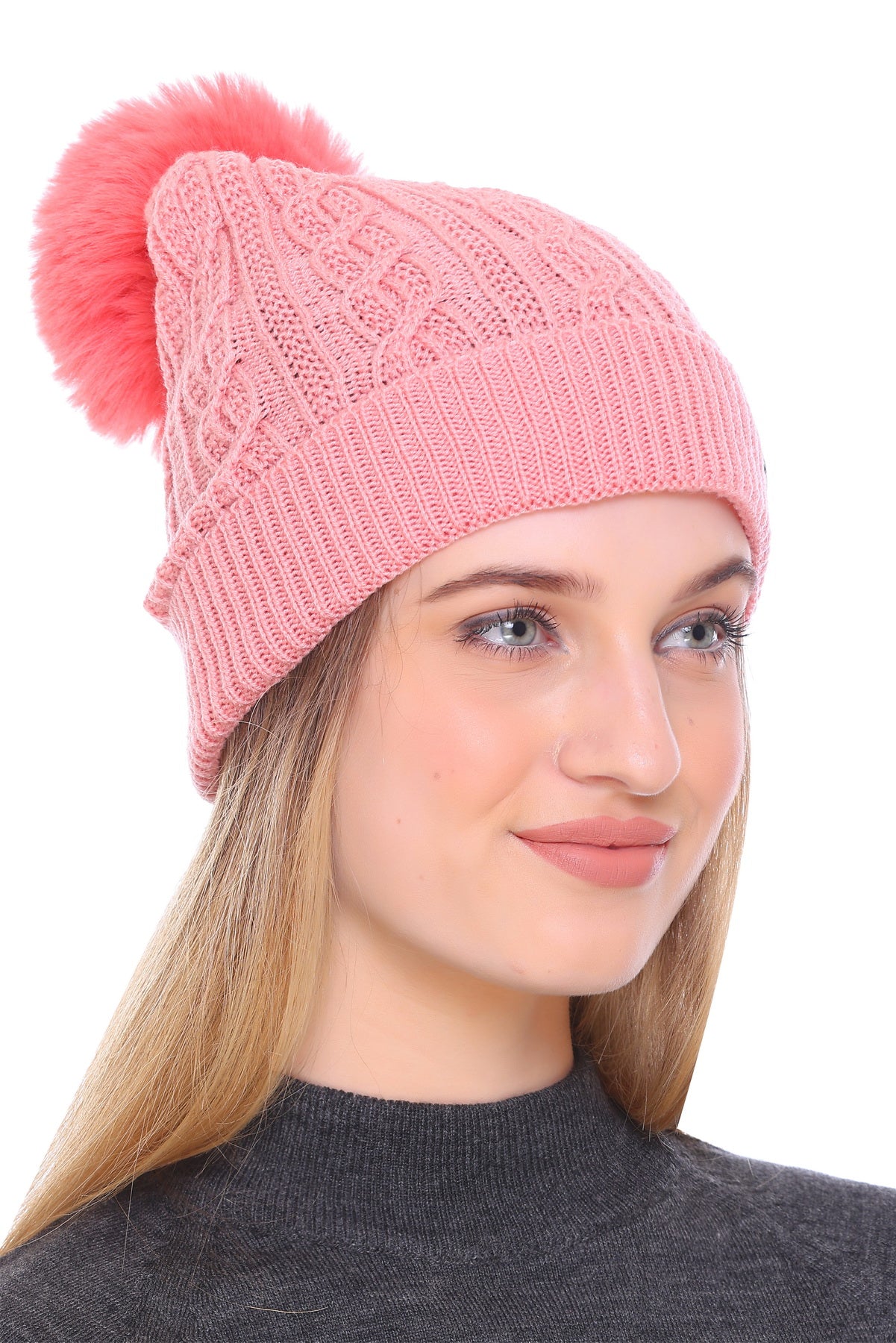 Radiant Winter Bloom: Ladies Fuchsia Pink Beanie Cap with Pom Pom and Perfect Fold for Cozy Elegance