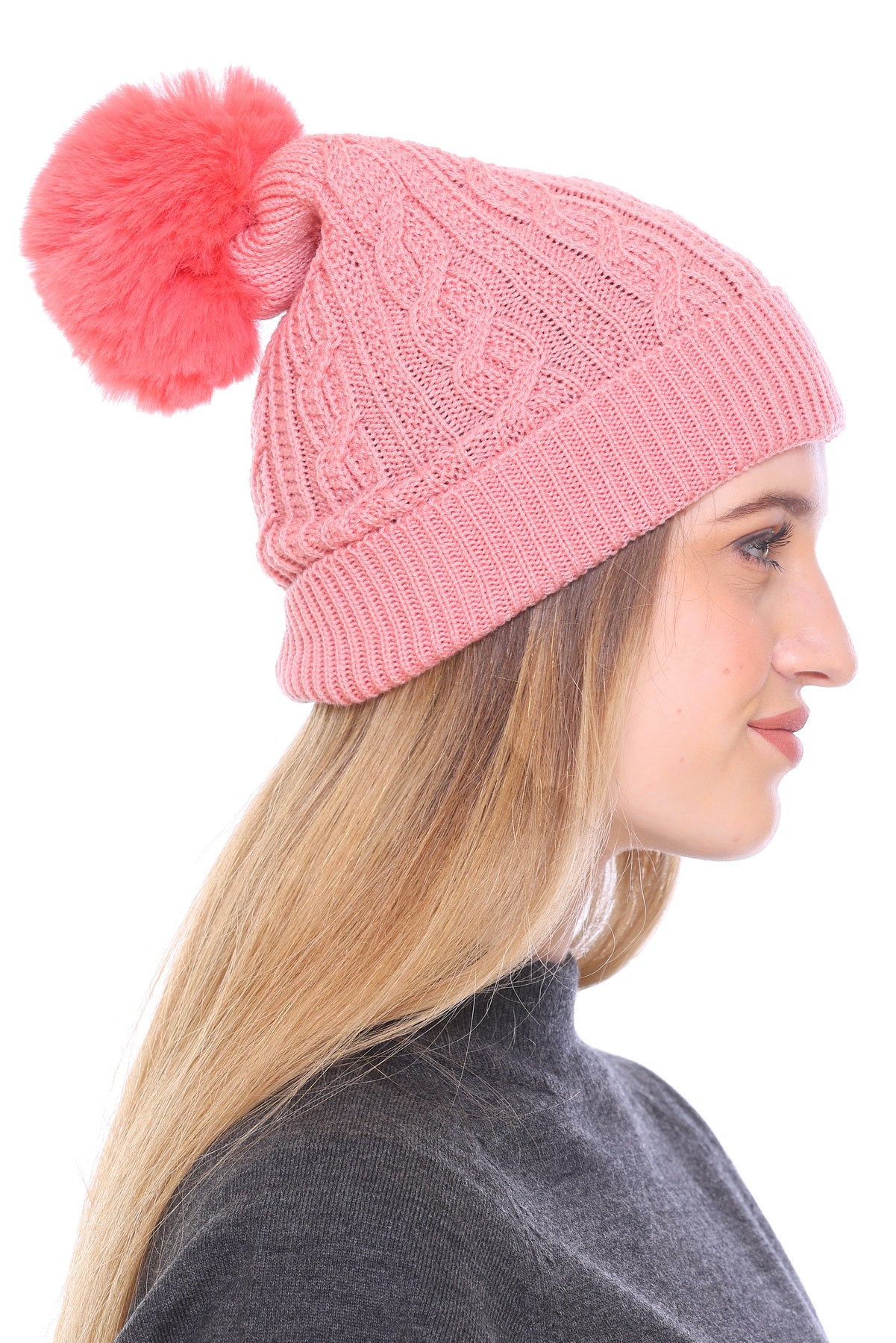 Radiant Winter Bloom: Ladies Fuchsia Pink Beanie Cap with Pom Pom and Perfect Fold for Cozy Elegance