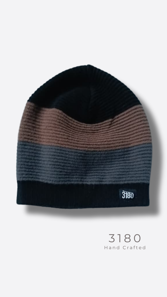 Unisex Fabric-Lined Stripe Beanie – Black, Grey & Tan | 3180
