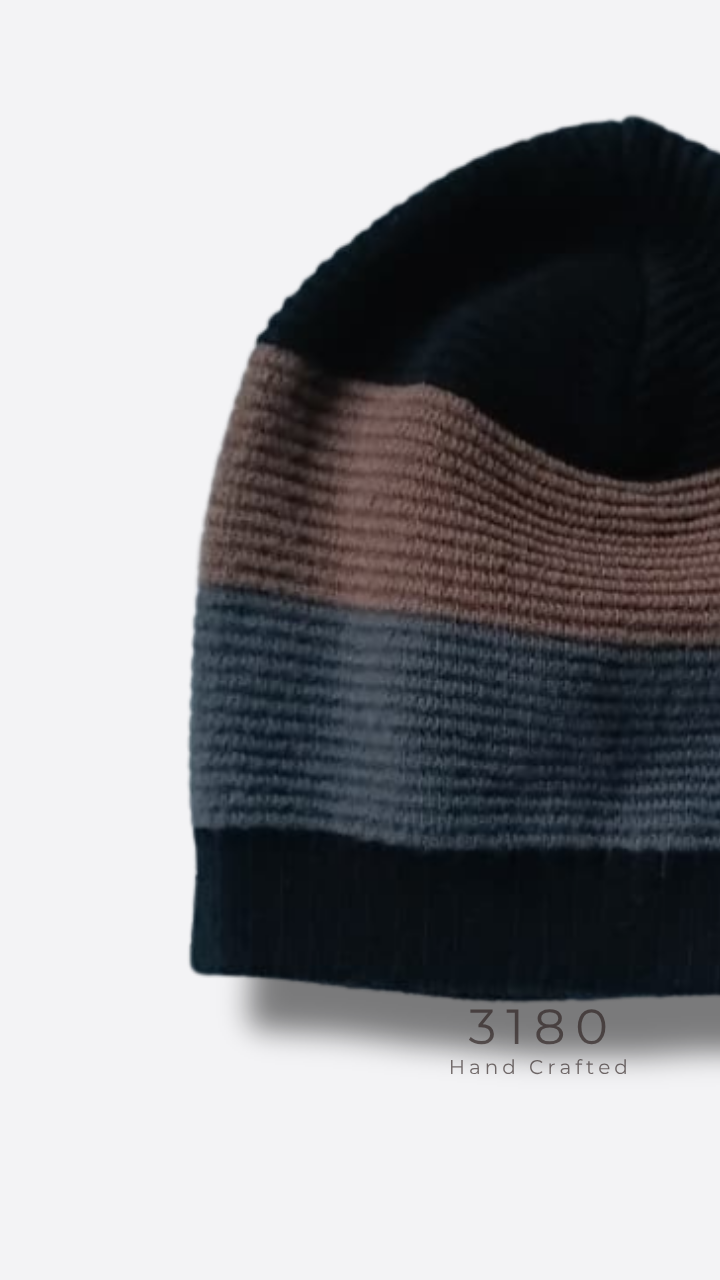 Unisex Fabric-Lined Stripe Beanie – Black, Grey & Tan | 3180